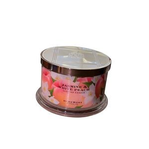 HomeWorx by Slatkin + Co 4 Wick 18 oz Glass Jar Candle Lid Jasmine & White Peach